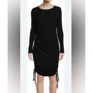 NWT Lea & Viola Women’s XS Long Slv Casual Crewneck Ruched Side Tie Black Dress